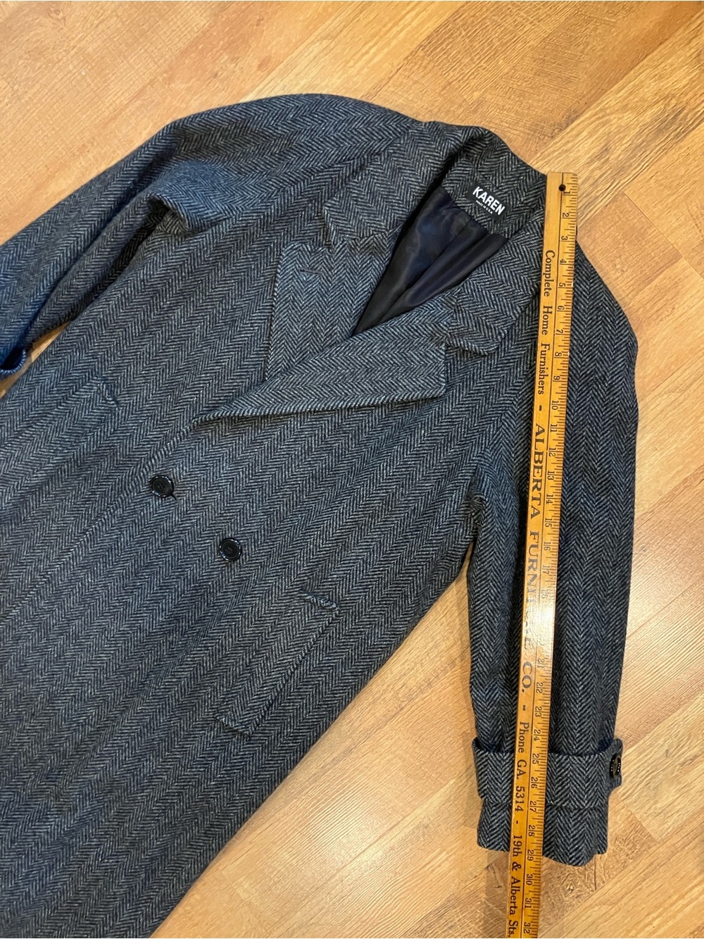 100% Wool Gray Herringbone Women’s long  Peacoat, Double Breasted